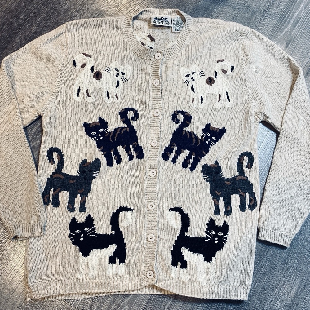 VTG Northern Reflections Kittens Cat Knit Sweater Black White Brown Black Size M